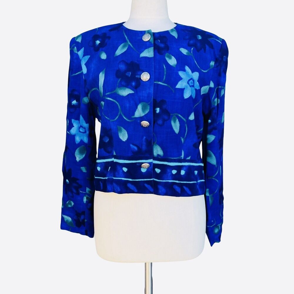 Vintage 80s ALI MILES Crop Jacket Size M Blue Floral Long Sleeve Button Front